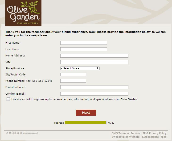 Olive Garden Guest Satisfaction Survey At www.olivegardensurvey.com