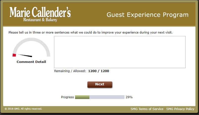 Marie Callender's Guest Experience Survey