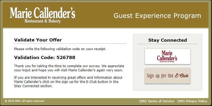Marie Callender's Experience Survey: Win Validation Code