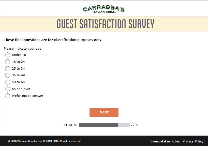 www.TellCarrabbas.com - Carrabba's Guest Satisfaction Survey