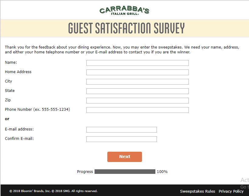 Carrabba's Listens Guest Satisfaction Survey