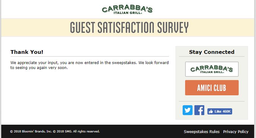 Carrabba's Italian Grill Guest Satisfaction Survey